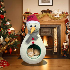 TOGETHERTOYO Christmas cat bed snowman front view with cozy wool interior