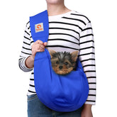 Tomkas dog sling carrier royal blue full view shows sturdy construction for safe carrying on walks