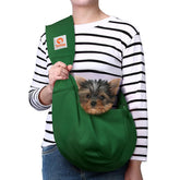Tomkas dog sling Emerald Green fabric highlighting soft, secure comfort during outings.