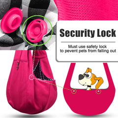 TOMKAS Safety buckle detail on rose red sling ensures secure outings