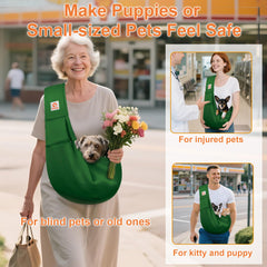 Tomkas dog sling safety buckle demonstrates secure design for small dogs.