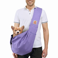 TOMKAS purple carrier front view shows padded strap for comfortable daily walks