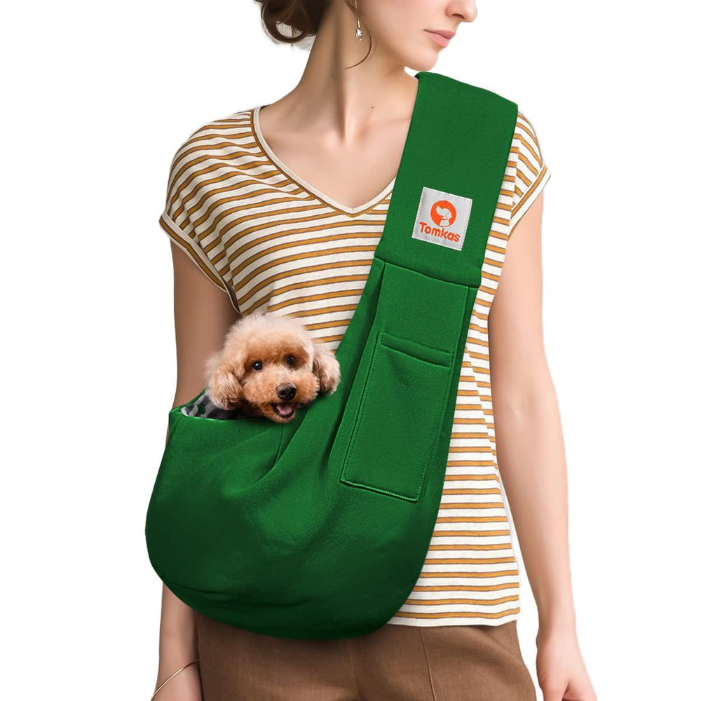 Tomkas small dog sling emerald green front pocket for quick essentials during walks.