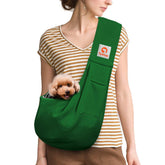 Tomkas small dog sling emerald green front pocket for quick essentials during walks.