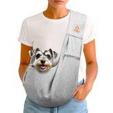 Tomkas small dog sling carrier grey front view — easy pet access on the go