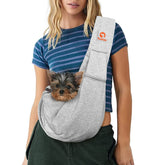 Tomkas small dog sling grey front view shows cozy fit for tiny pets