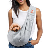 TOMKAS small dog sling grey front view shows easy access to essentials during walks
