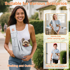 TOMKAS small dog sling grey large-opening demonstrates quick placement for tiny pets