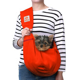 TOMKAS small dog sling red front view for hands-free daily walks.