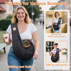 Tomkas small dog sling side view—slim profile for hands-free carrying.