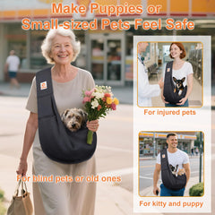 Tomkas small dog sling with pet inside—cozy support for small dogs during walks.