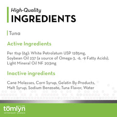 Tomlyn Laxatone cat enjoying tuna flavor during hairball care routine.