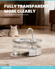 Tomxcute glass cat water fountain top cover blocks hair and debris for cleaner water.