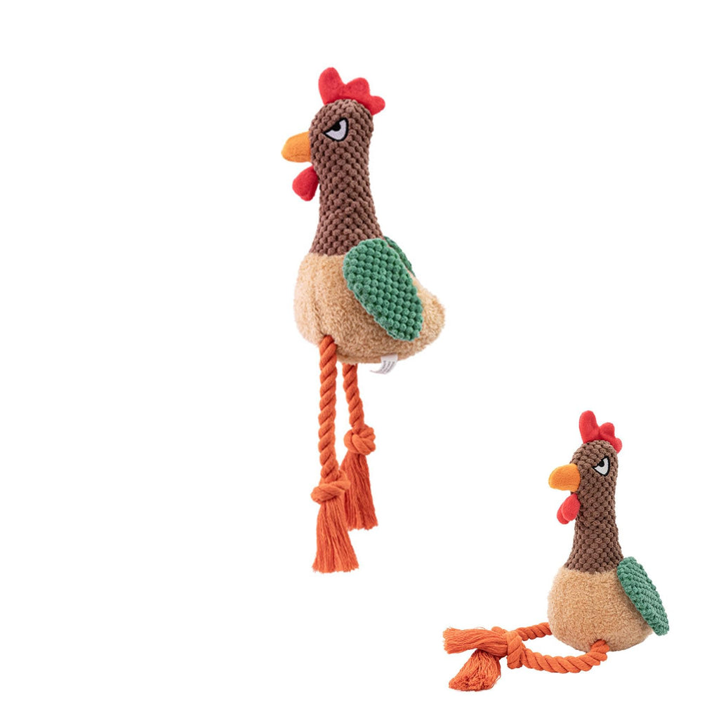TONYFY rooster knot squeaky toy closeup shows soft plush and engaging squeaker for interactive play
