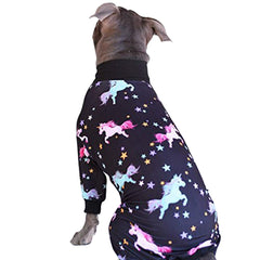 Tooth & Honey Pit Bull Unicorn Pajamas full view on dog for warm coverage.