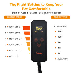 Toozey pet mat heat settings dial demonstrates six warmth options for comfort