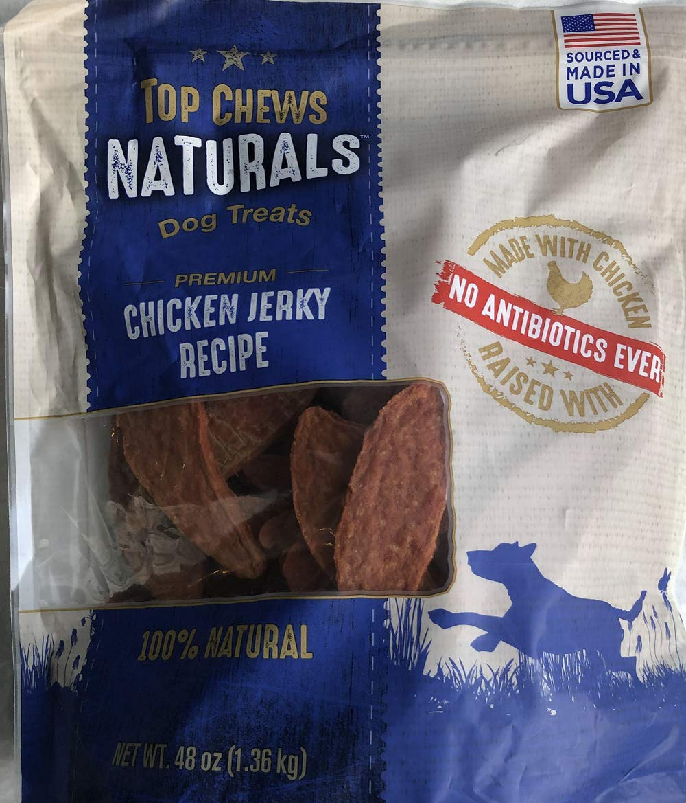 Top Chews chicken jerky packaging shows USA-made real chicken for a trusted reward.
