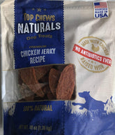 Top Chews chicken jerky packaging shows USA-made real chicken for a trusted reward.