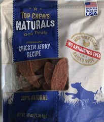Top Chews chicken jerky packaging shows USA-made real chicken for a trusted reward.