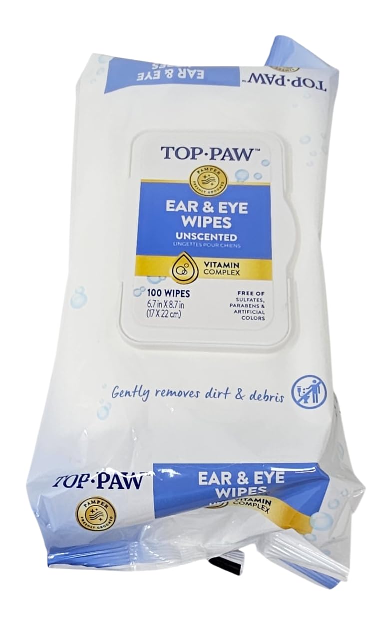 TOP PAW Ear and Eye Wipes 100-count pack for gentle dog cleaning.