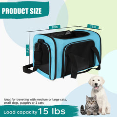 Top tasta dog cat carrier blue medium side view left, breathable mesh windows for airflow.