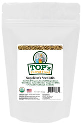 TOP's Napoleon's Seed Mix bottle shows organic parrot nutrition for small birds