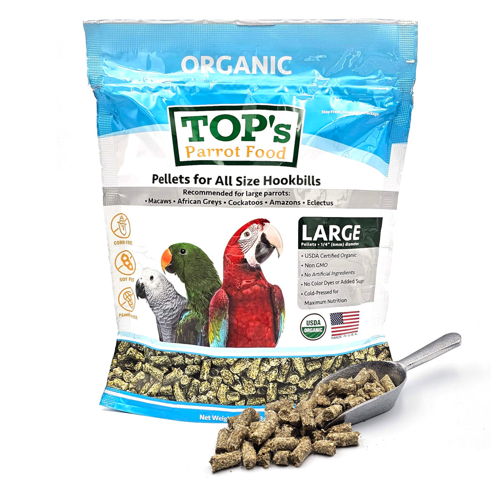 TOP's Parrot Food pellets packaging shows a resealable bag for freshness.