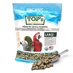 TOP's Parrot Food pellets packaging shows a resealable bag for freshness.