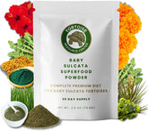 Tortoise Resource Center premium baby sulcata powder packaging highlights calcium for shell health.
