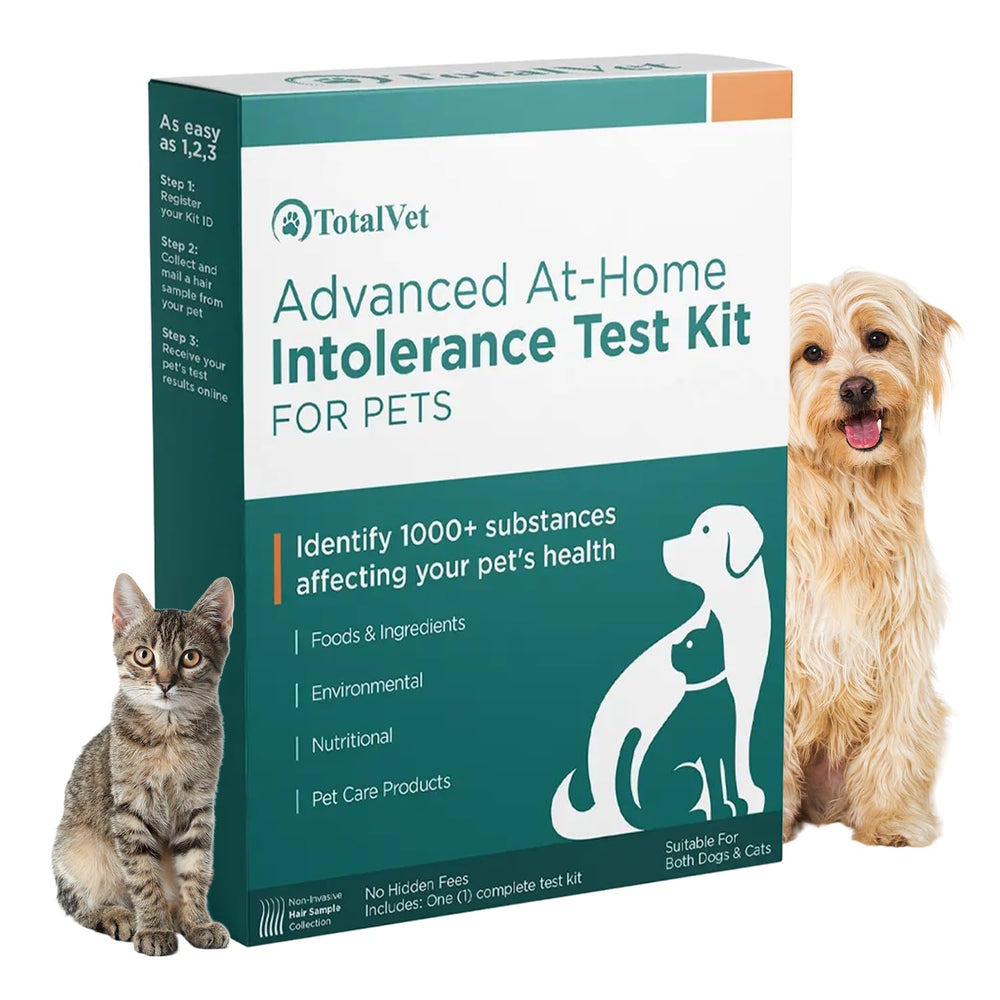 TotalVet dog hair sample collection kit shows easy at-home testing for allergy insights.