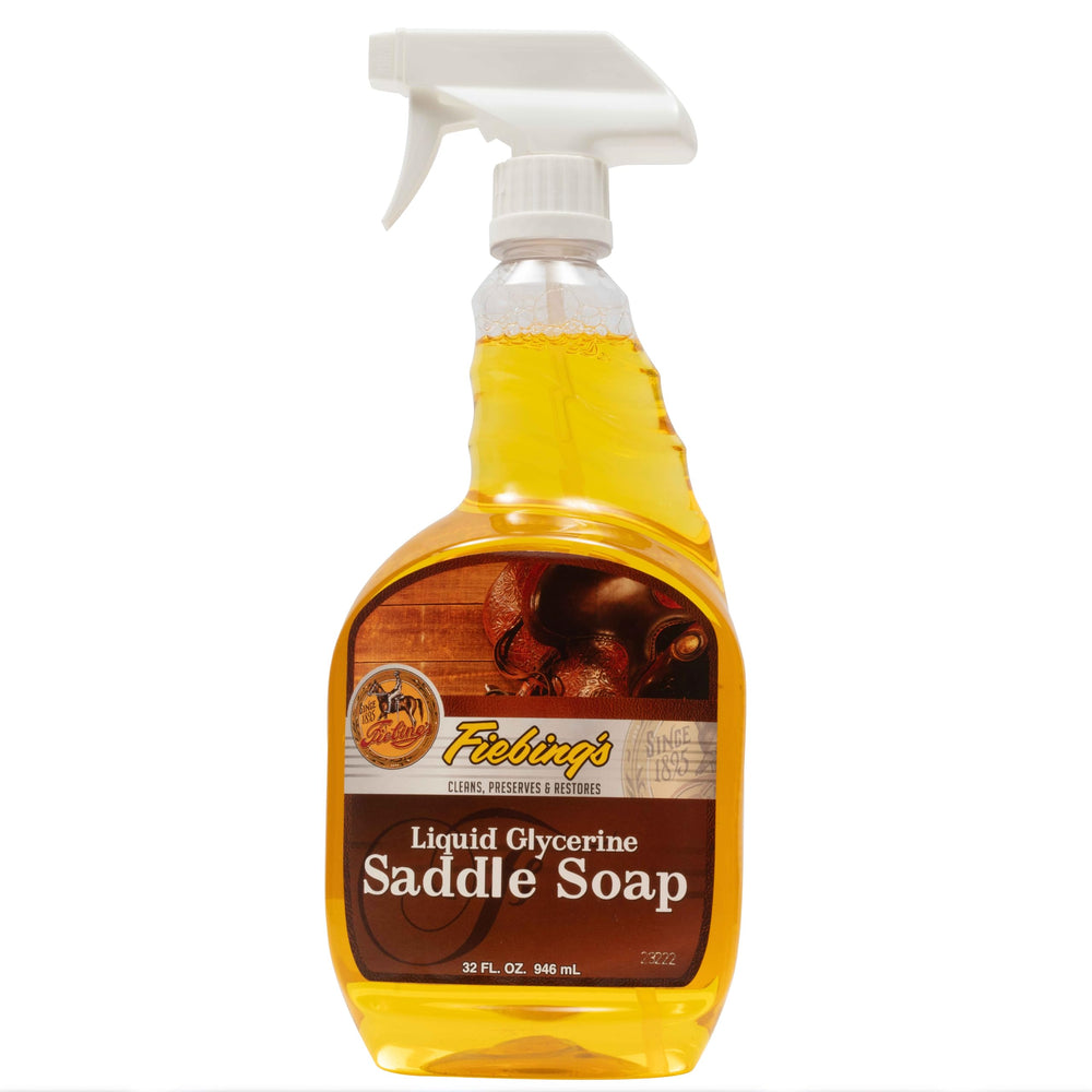 Tough 1 Fiebing's saddle soap bottle pour demonstrates easy leather cleaning and conditioning.
