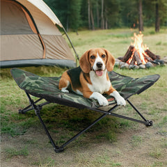 Tough Outdoors foldable dog chair in camo green, ready for camping with elevated rest