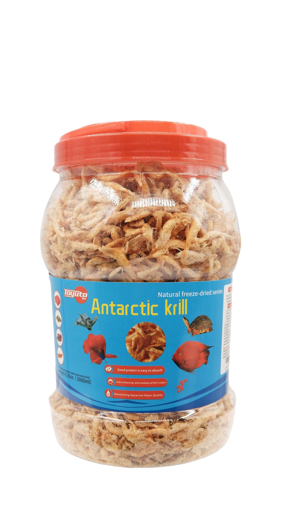 Toyuto krill y camarones deshidratados en liofilización; empaque 1000 ml para nutrición estable.