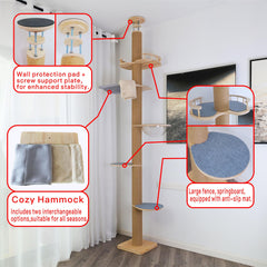 TQEW floor-to-ceiling cat tree stable base highlights wobble-free support.