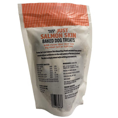 Trader Joe's salmon skin baked dog treats ingredient closeup highlights natural fish flavor and crunchy bite.