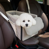 Tranquitas center-console dog seat side view shows secure fit for small pets during car rides.