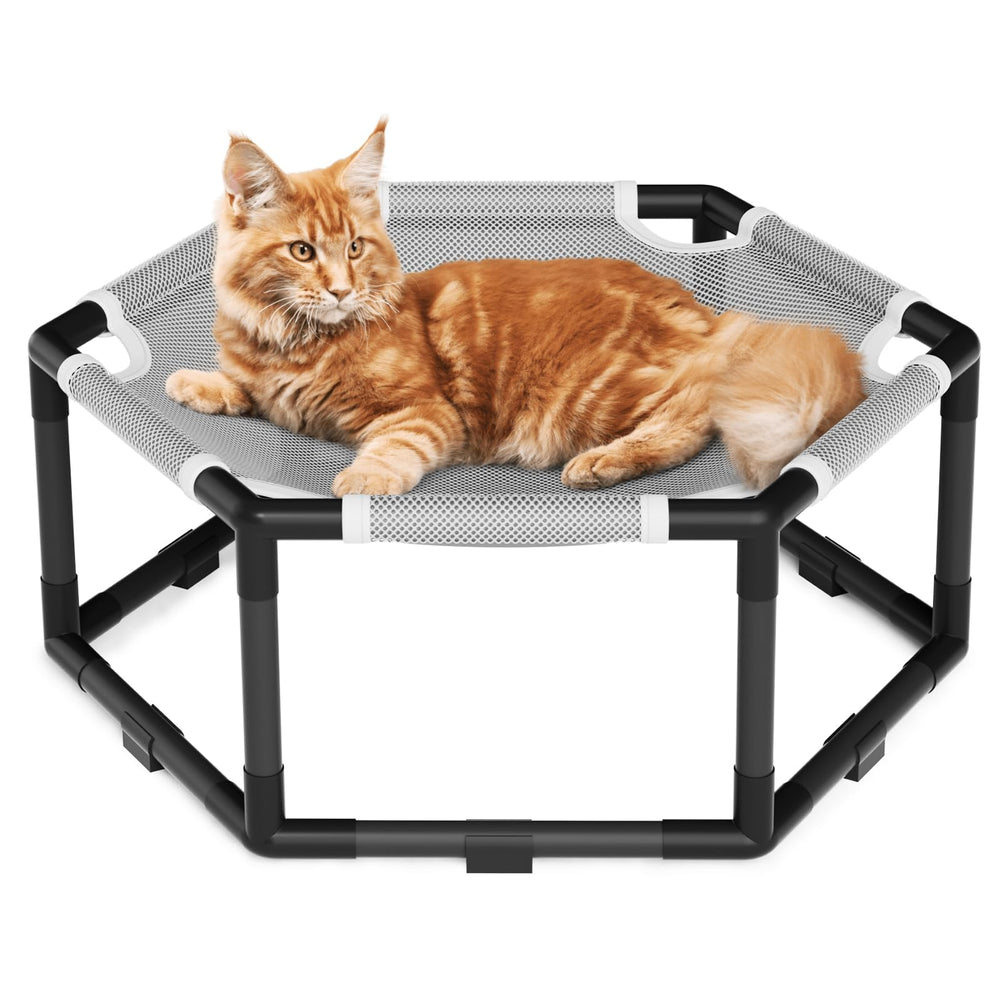 Tresbro elevated cat hammock assembly shows sturdy hexagon frame for stability