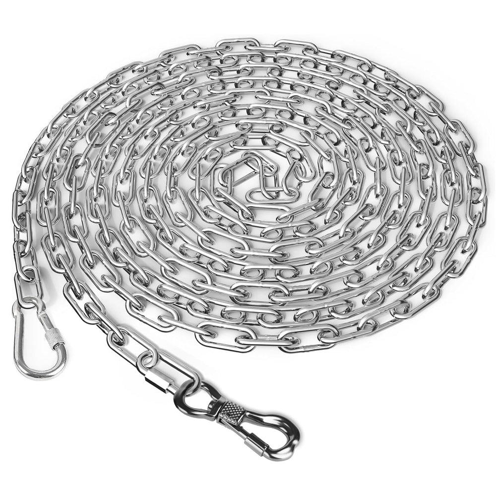 Tresbro heavy-duty dog chain 25ft outdoors in yard shows durable freedom for active dogs.