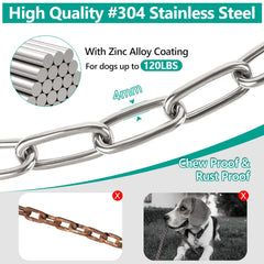 Tresbro stainless-steel tie-out closeup highlights chew-proof construction and zinc-coated longevity.