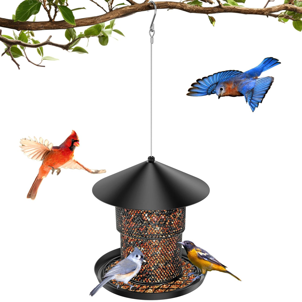 Trieez bird feeder outdoor hanging with catch tray reduces ground mess and seed waste.