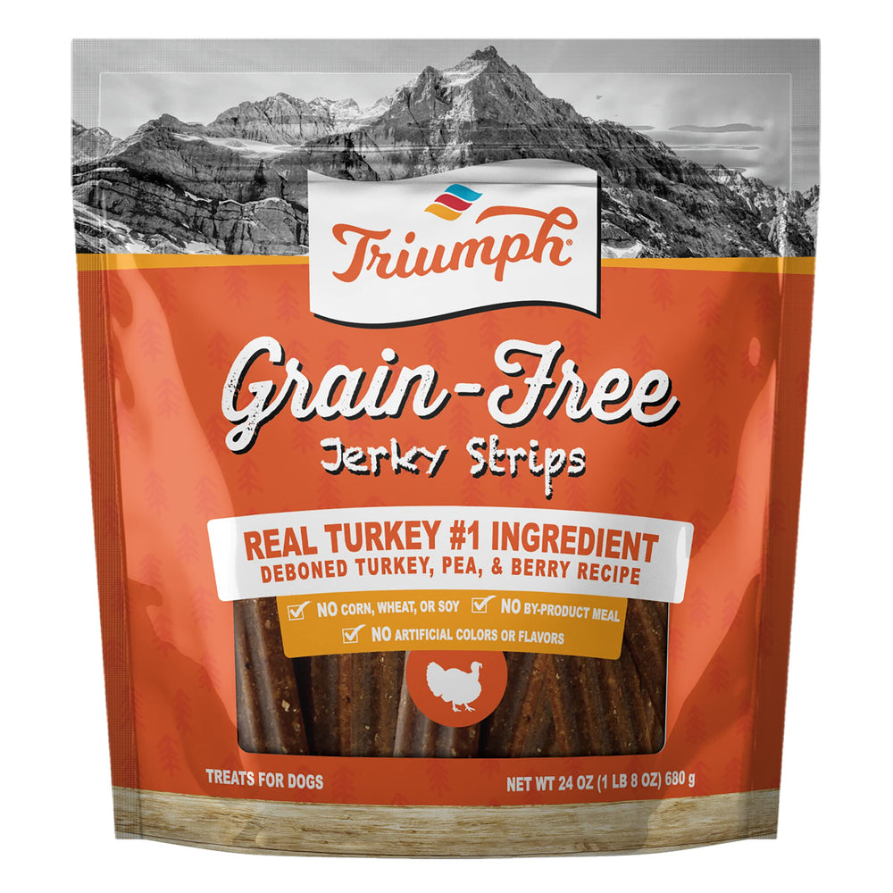 Triumph Free Spirit turkey jerky bites bag on shelf, grain-free reward option for dogs.