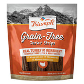 Triumph Free Spirit turkey jerky bites bag on shelf, grain-free reward option for dogs.