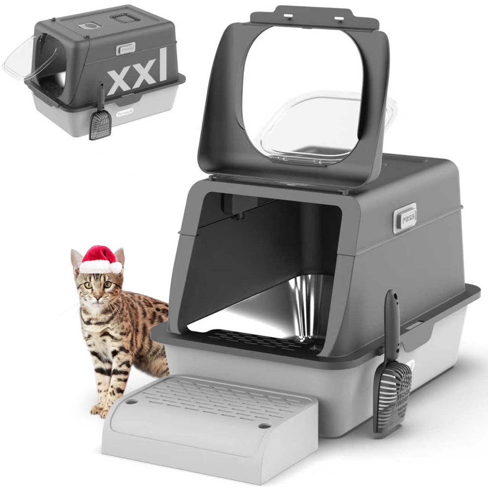 Trivico XX-Large stainless steel litter box with lid front view promotes hygiene and odor containment.