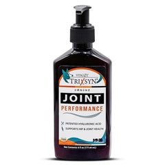 TRIXSYN Canine Performance bottle pour demonstrates easy daily dosing for joint support.