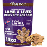 TRMC Real Meat Dog Treats 12oz bag features bite-sized lamb bites for training rewards.