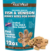TRMC real meat dog treats 12oz bag on shelf promotes premium training rewards.