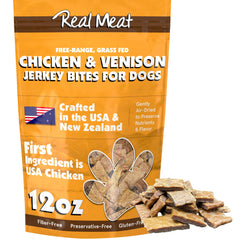 TRMC Real Meat Dog Treats pack open showing premium venison and chicken jerky for rewarding training.