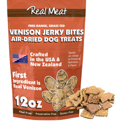 TRMC Real Meat venison jerky bag shows premium, high-protein rewards for training.