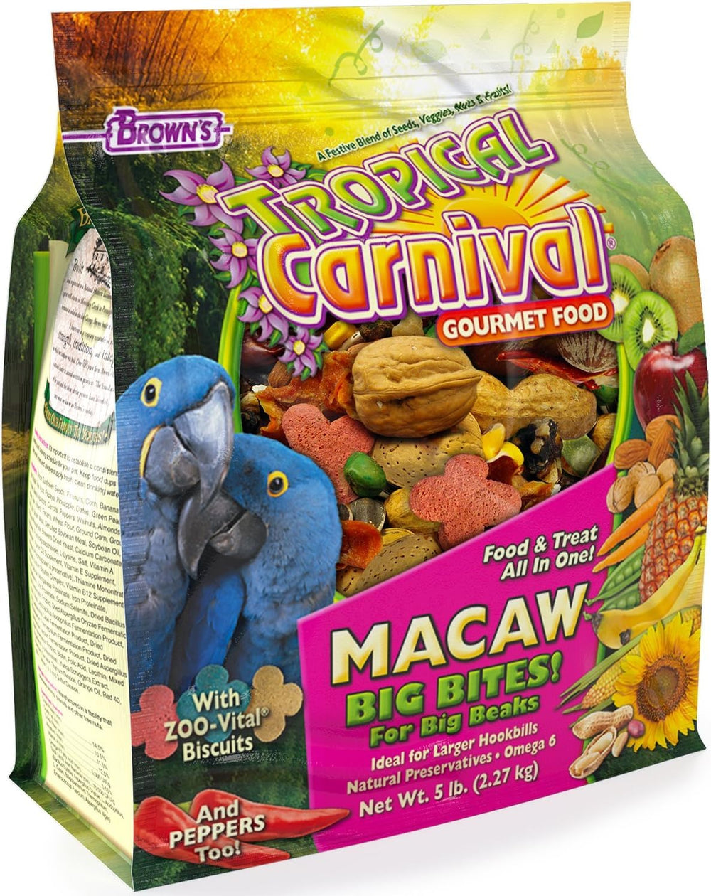 Tropical Carnival macaw-big-bites-bag-front view highlights fortified nutrition for macaws