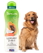 TropiClean 2-en-1 champú para perros, botella papaya, limpia y perfuma suavemente.